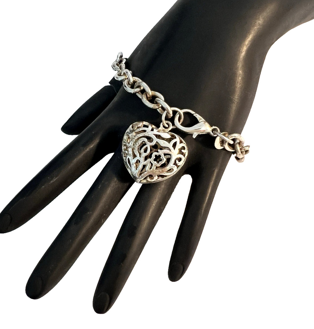 Rolo Link Bracelet 925 Sterling Silver Chunky Filigree Puffy Heart Charm 24g